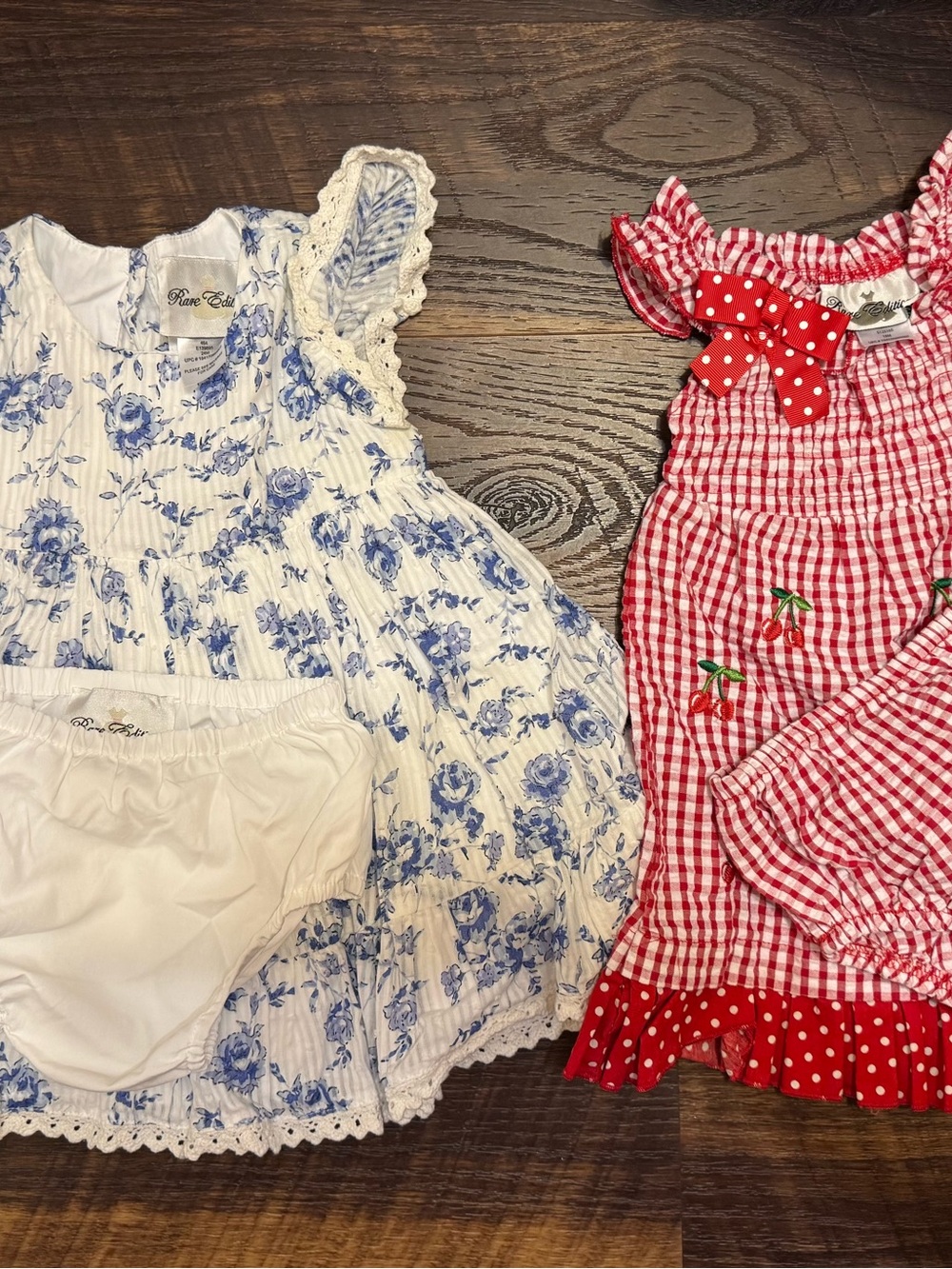 Blue Floral Baby Dress + Red Gingham Romper Set